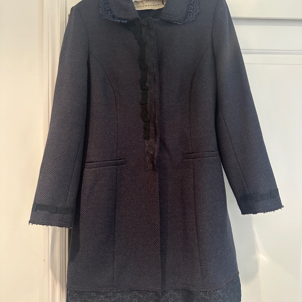 Vintage Dorothee Schumacher Elegant Navy Coat with Black Trim LIKE NEW. 36” long